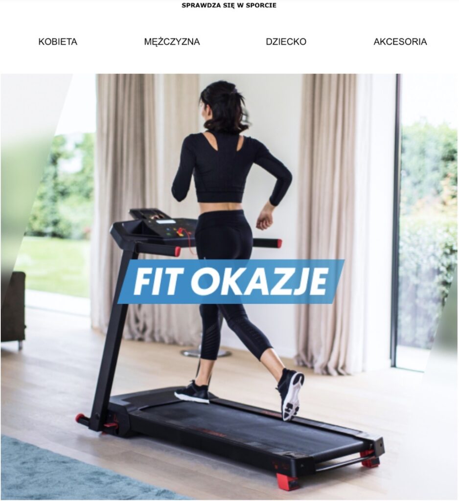 Przykład newslettera Decatlon - widziany przez osobę bez dysfunkcji widzenia kolorów.